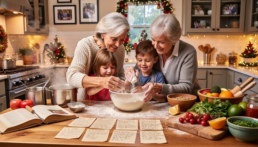 Hands preparing traditional holiday recipe at rustic kitchen table with vintage recipe card