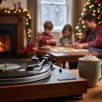 Close-up of a spinning vinyl record on a turntable in a warmly lit living room, with cocoa, a glowing Christmas tree, and a family decorating cookies softly blurred in the background.
