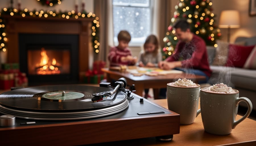 Close-up of a spinning vinyl record on a turntable in a warmly lit living room, with cocoa, a glowing Christmas tree, and a family decorating cookies softly blurred in the background.