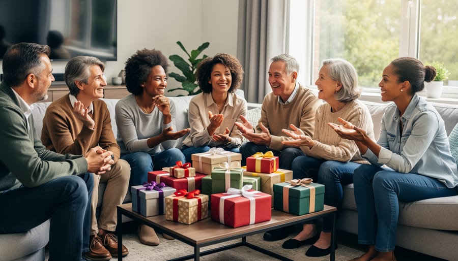 Two friends having a caring conversation about gift giving and exchanges