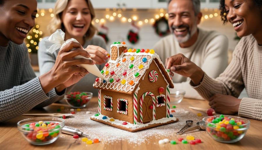 Group of adults decorating gingerbread houses together with frosting and candy