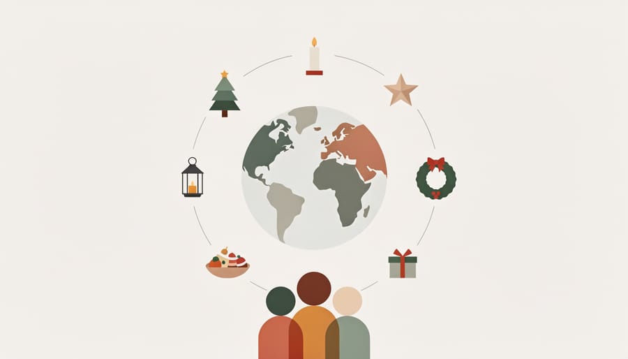 Diverse family hands joined around globe with multicultural Christmas decorations and candlelight