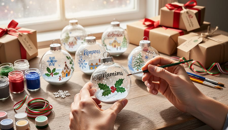 Close-up of hands painting decorative designs on clear glass Christmas ornament