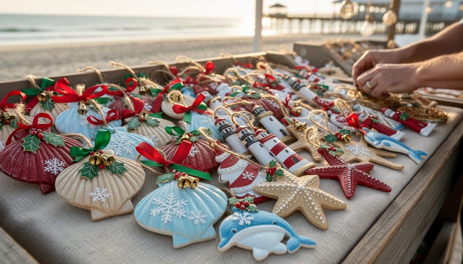 Close-up of handcrafted nautical Christmas ornaments including lighthouse and seashell decorations