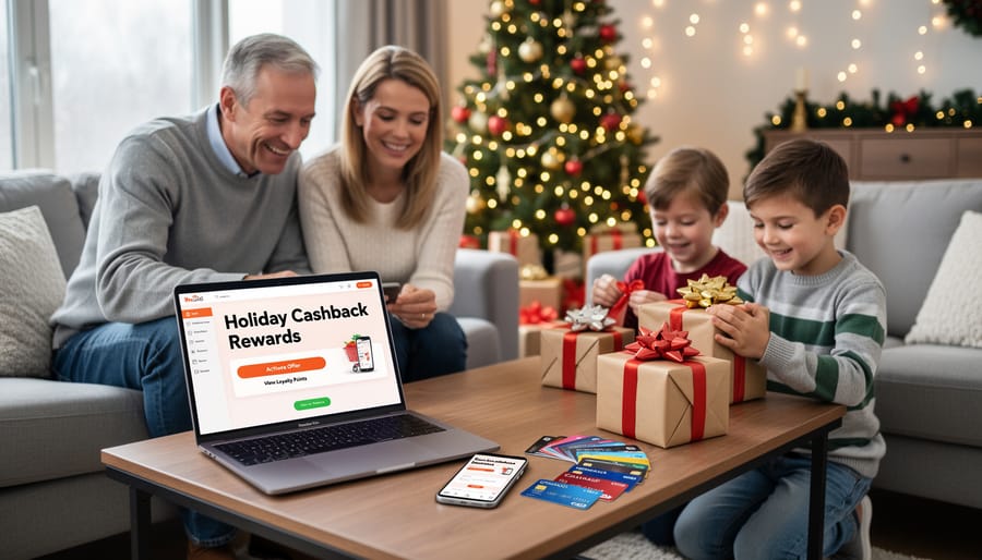 Family hands holding wrapped Christmas gifts with cashback cards and smartphone showing savings