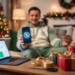Person seated on a sofa holds a smartphone and credit card beside a laptop on a coffee table with wrapped gifts; warm Christmas tree lights and a mantel softly blurred in the background.