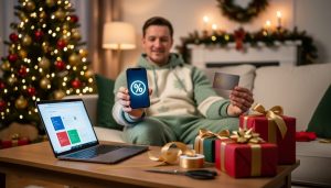 How Holiday Shoppers Are Saving Hundreds with This Cashback Secret Person seated on a sofa holds a smartphone and credit card beside a laptop on a coffee table with wrapped gifts; warm Christmas tree lights and a mantel softly blurred in the background.