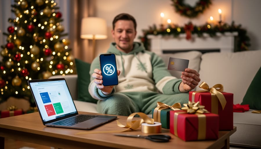 Person seated on a sofa holds a smartphone and credit card beside a laptop on a coffee table with wrapped gifts; warm Christmas tree lights and a mantel softly blurred in the background.