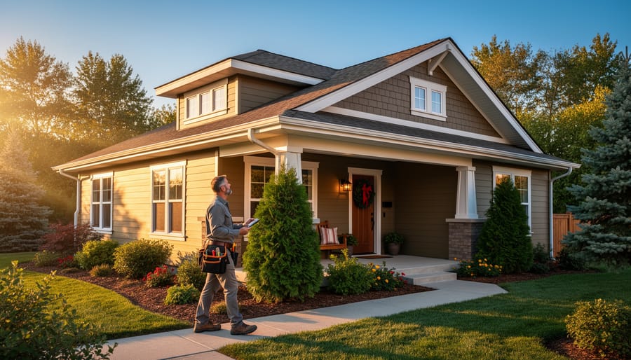 Homeowner walking the perimeter of a craftsman-style house at golden hour, checking clean gutters and roofline; warm interior glow through windows, subtle porch wreath, and tidy landscaping with trees in the background.