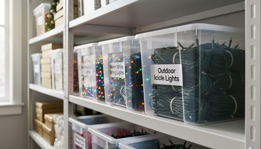 Organized holiday light storage showing neatly wound lights on reels in labeled containers