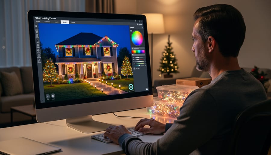 Person using tablet with lighting design software while planning driveway holiday decorations