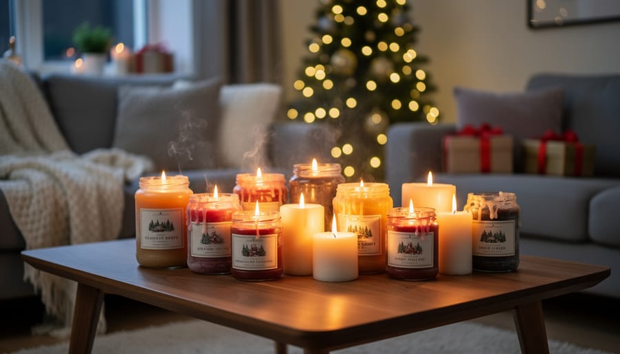 Multiple holiday scented candles burning on wooden table in festive home setting