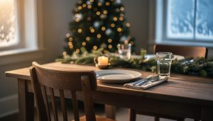 Eye-level photo of a holiday table with a single empty wooden chair beside a lit candle and simple place setting, warm golden side light, and blurred Christmas tree lights and greenery in the background, conveying remembrance and quiet hope.