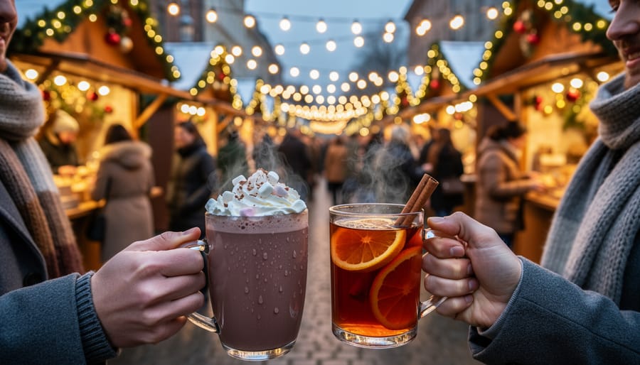 Steaming mug of hot chocolate with whipped cream held in mittened hands at Christmas market