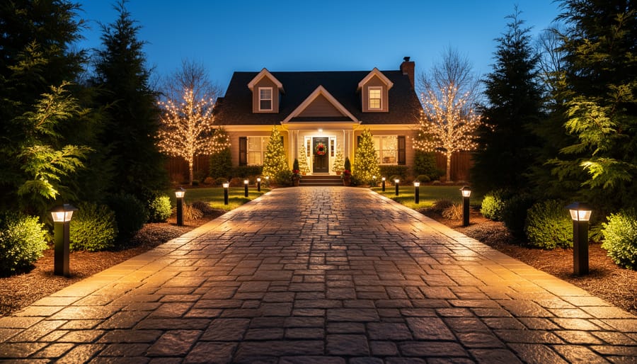 Illuminated candy cane lights lining residential driveway at twilight creating festive pathway