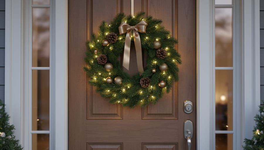 Illuminated Christmas wreath with warm white lights on black front door