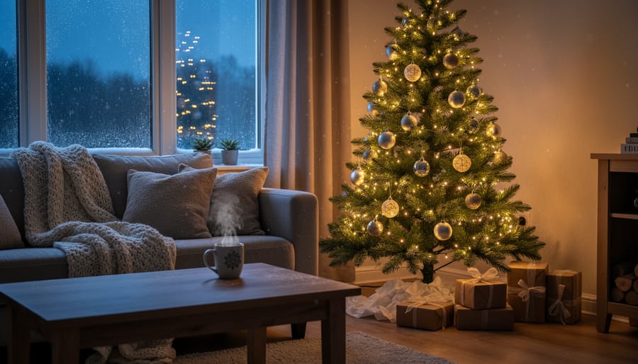 Illuminated Christmas tree with traditional ornaments creating cozy atmosphere in living room