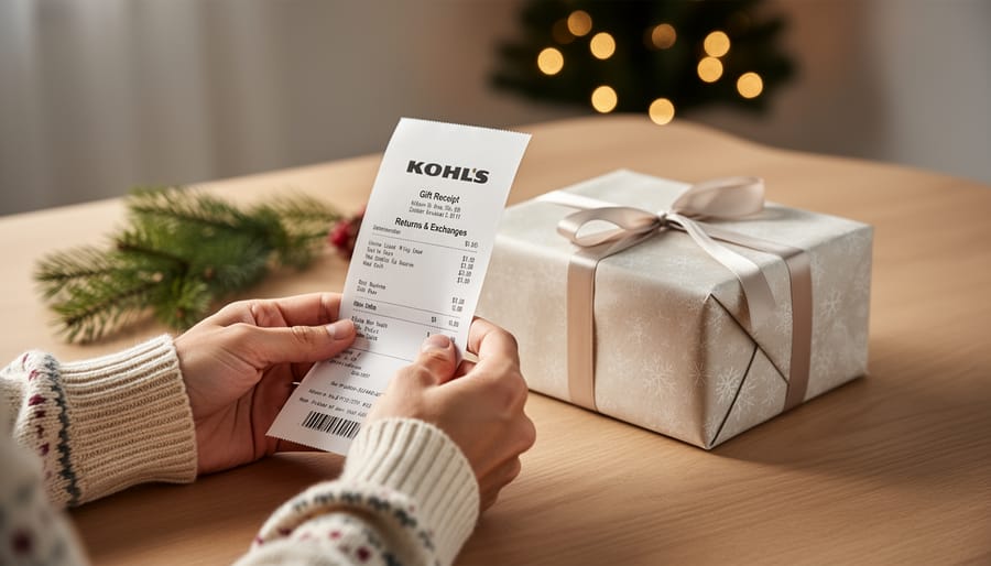Kohl's gift receipt next to wrapped Christmas present with festive decorations