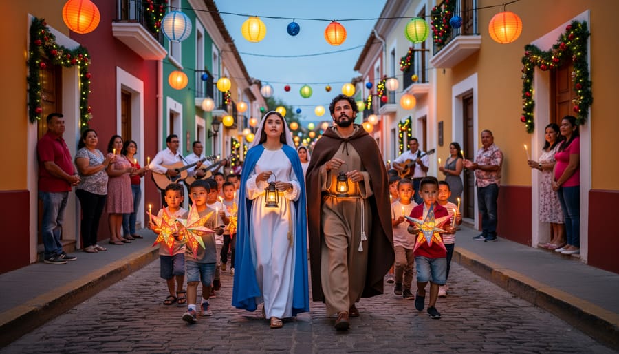 Mexican Las Posadas procession with colorful paper lanterns and candlelight at night