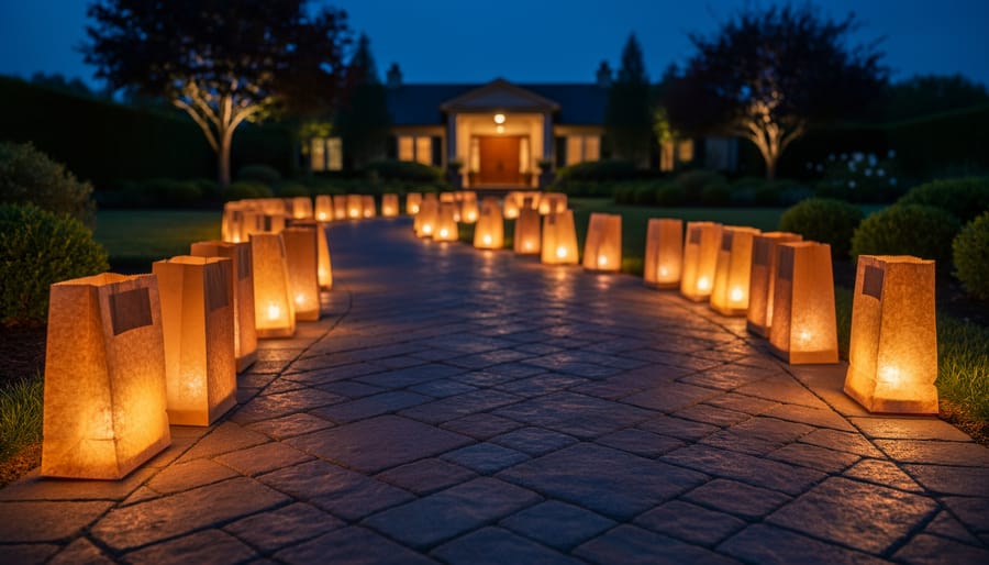 Pathway lined with luminarias leading to home entrance at twilight