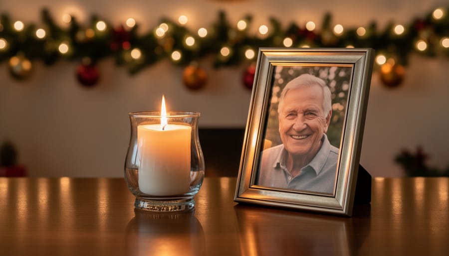 Lit candle beside framed family photograph on mantel with Christmas decorations in soft focus