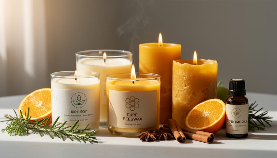 Natural soy wax candle with cinnamon sticks and dried orange slices
