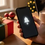 Hand holding a smartphone with a glowing bell and downward arrow alert icon beside wrapped Christmas gifts on a wooden desk, with warm fairy lights bokeh and a blurred laptop and cocoa mug in the background.