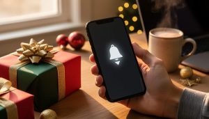 Hand holding a smartphone with a glowing bell and downward arrow alert icon beside wrapped Christmas gifts on a wooden desk, with warm fairy lights bokeh and a blurred laptop and cocoa mug in the background.