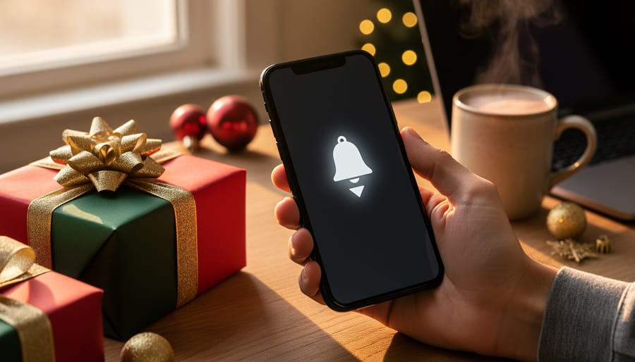 Hand holding a smartphone with a glowing bell and downward arrow alert icon beside wrapped Christmas gifts on a wooden desk, with warm fairy lights bokeh and a blurred laptop and cocoa mug in the background.