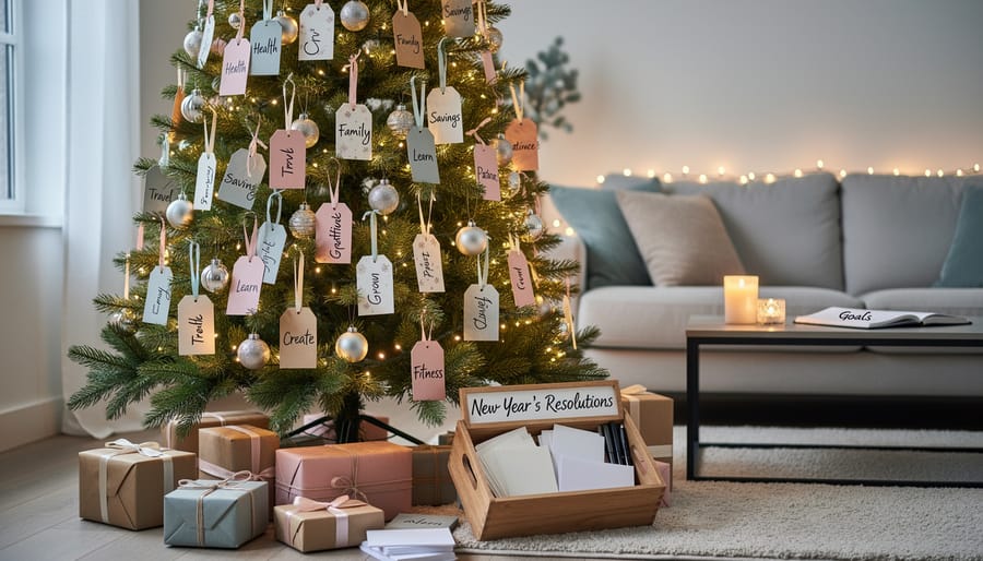 Christmas tree branches decorated with intention cards and goal-themed ornaments for New Year