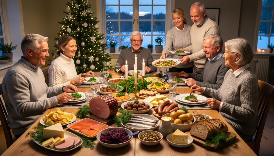 Traditional Scandinavian Christmas feast table with family gathering and candlelight