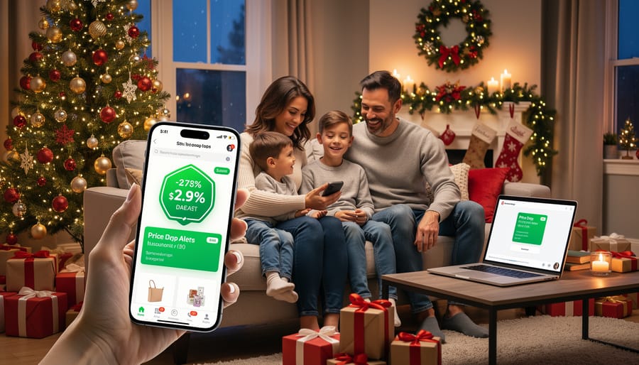 Smartphone showing price alert notification surrounded by Christmas decorations and wrapped gifts