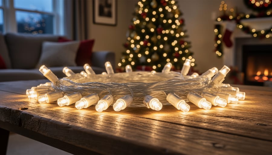 Close-up of premium LED holiday string lights showing quality construction and warm white illumination