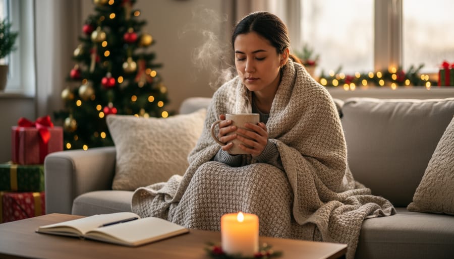 Hands holding warm tea mug by winter window in peaceful self-care moment