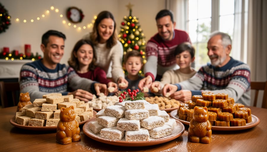 Assortment of traditional Spanish Christmas sweets including turrones and polvorones on wooden table