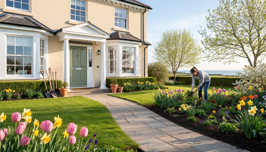 Charming holiday cottage with spring flowers blooming in window boxes and garden
