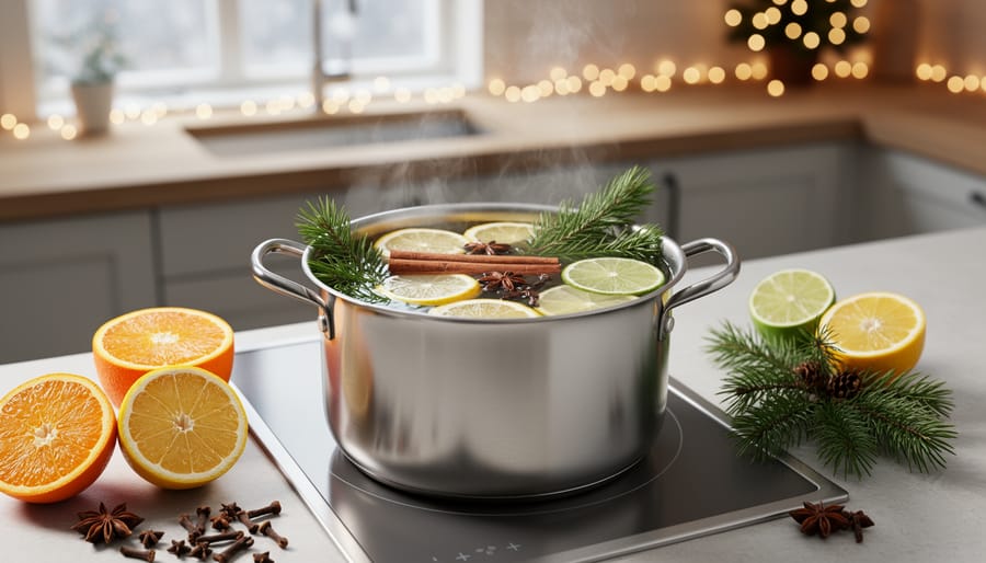 Pot of simmering stovetop potpourri with oranges, cinnamon, cranberries and pine