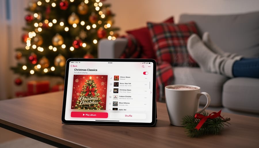 Person using smartphone to play full Christmas album on streaming music service