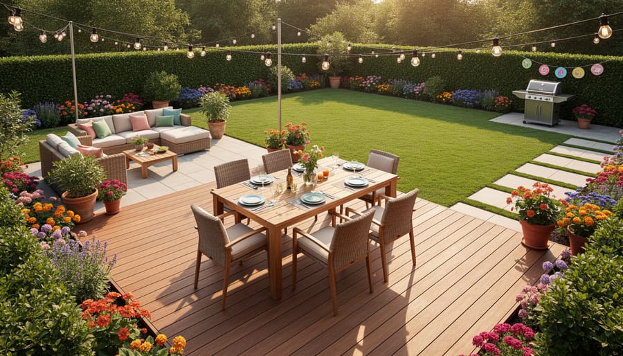 Wooden deck with patio furniture and string lights at a holiday home during golden hour