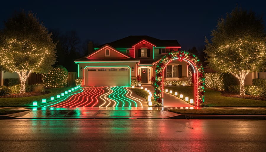Curved driveway with synchronized animated holiday light display featuring snowflake projections