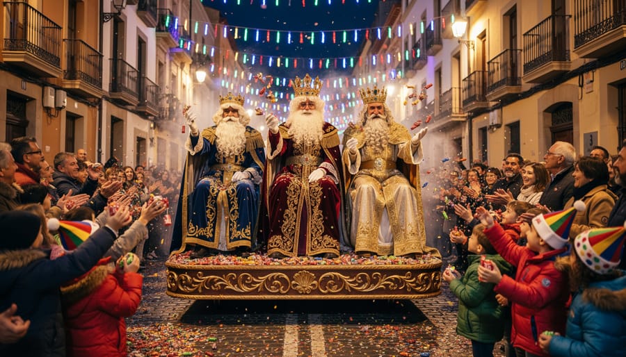 Three Kings parade float at night with costumed Wise Men and festive lighting