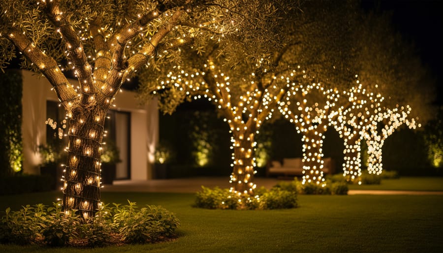 Large tree wrapped with warm white string lights at twilight in front of elegant home