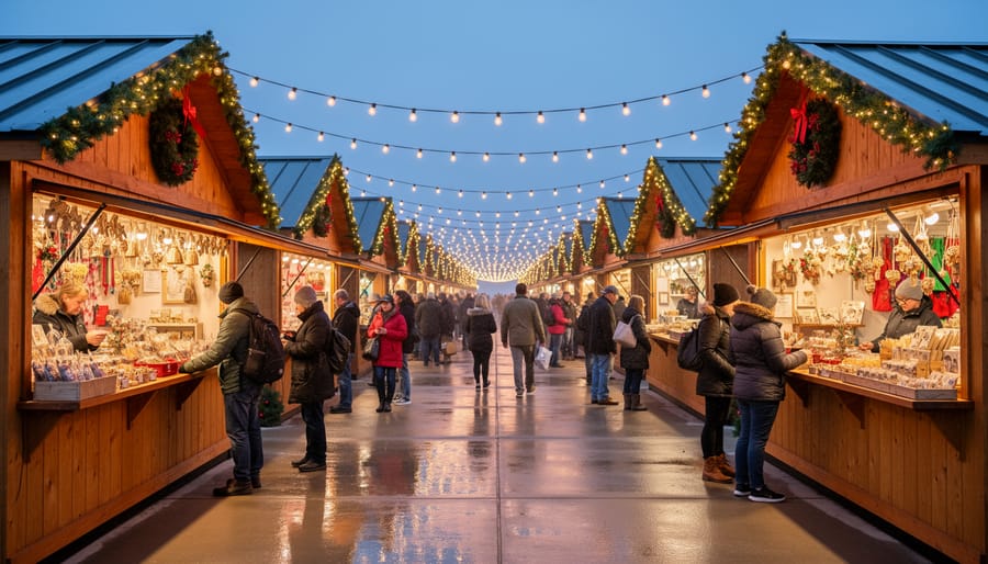 Evening view of illuminated Christmas market stalls with string lights and holiday decorations at Virginia Beach