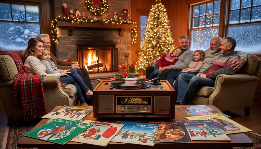 Vintage Christmas vinyl record album beside glowing fireplace with holiday decorations