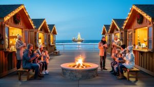 Virginia Beach Christmas Market at dusk on the oceanfront boardwalk, wooden chalets lit with warm string lights, families gathered by a fire pit, and Atlantic waves with a small decorated boat in the background.