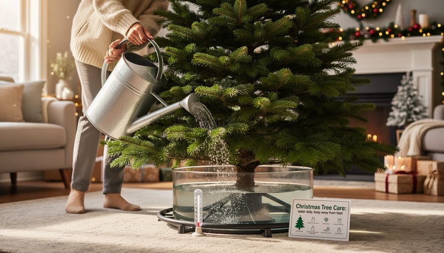 Person watering Christmas tree to maintain freshness and safety during extended display