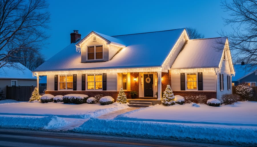 Elegant home exterior decorated with white icicle Christmas lights along the roofline at twilight