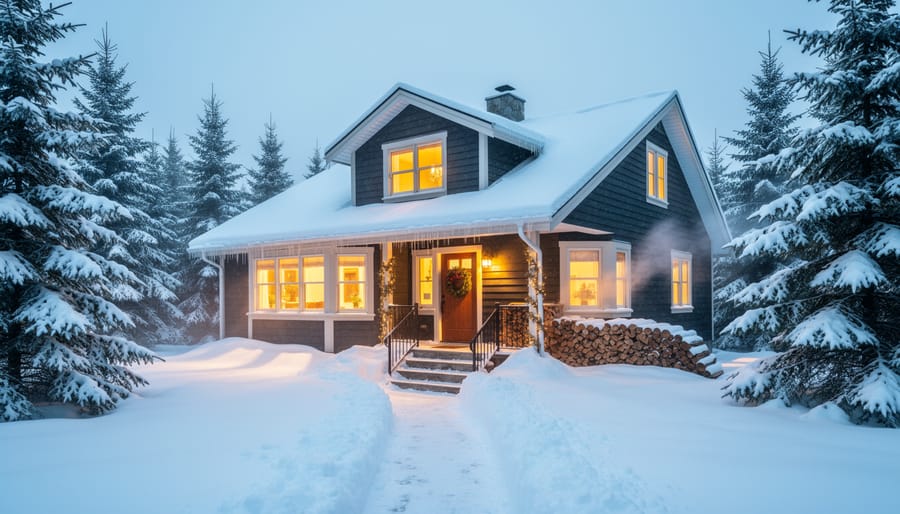 Snow-covered holiday cottage with glowing windows and Christmas lights at dusk