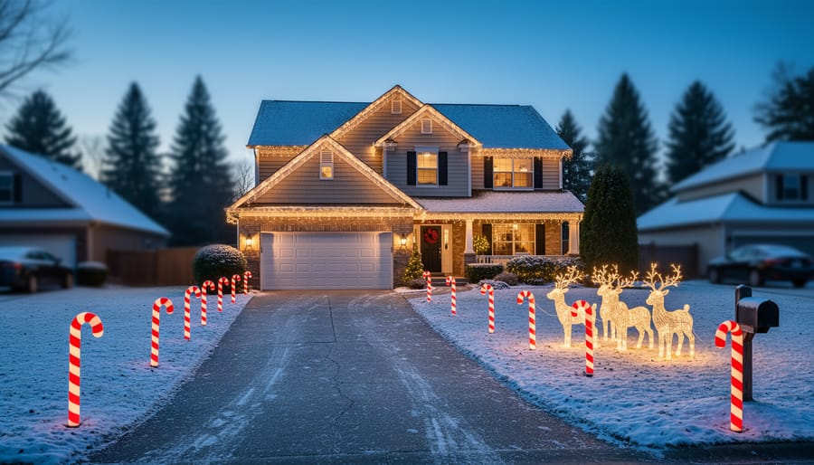 Eye-level view from a driveway entrance showing warm white icicle lights on a suburban roofline, red-and-white candy cane lights lining the driveway, and illuminated reindeer on a snow-dusted lawn at twilight, with softly blurred neighboring houses and evergreens in the background.