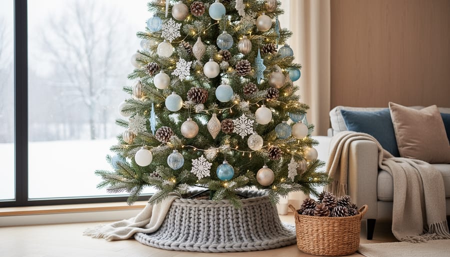 Christmas tree decorated with white snowflakes, silver ornaments, and icy blue winter decorations in living room